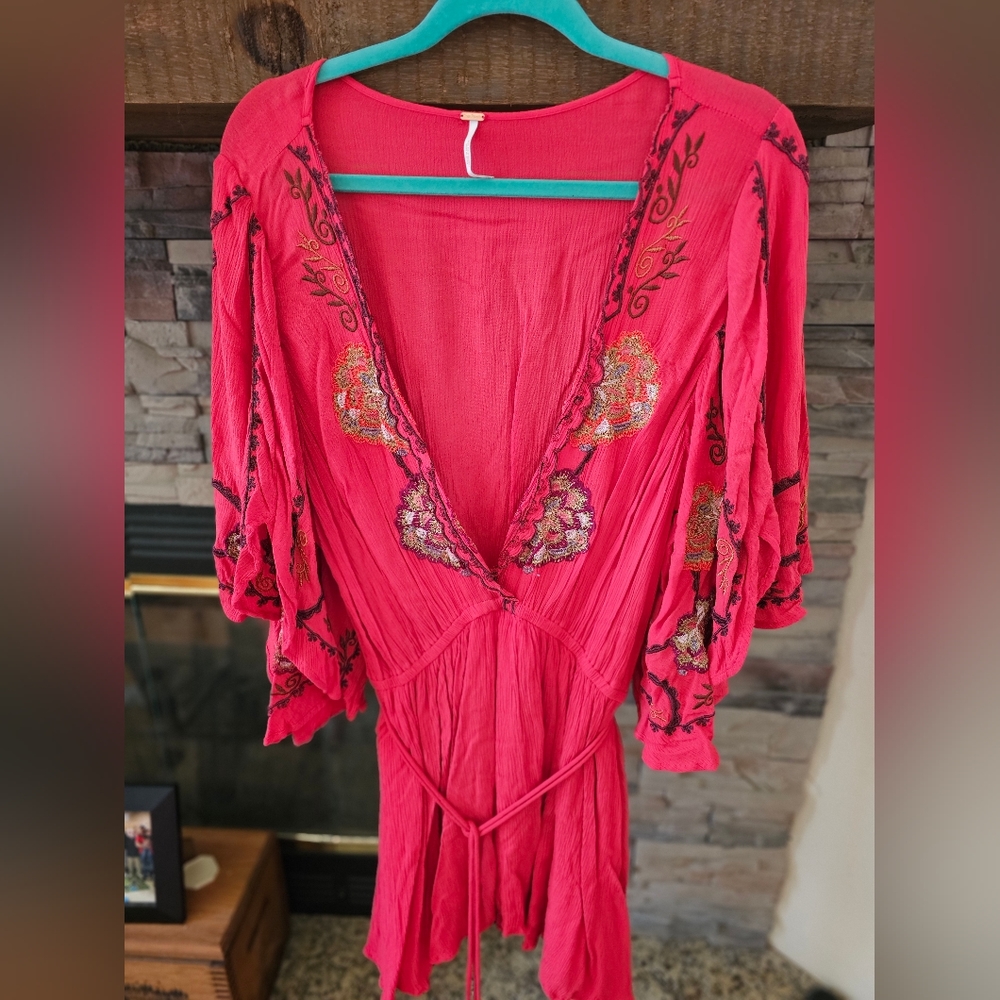 Free People Women’s Cora Embroidered Open Front Mini Dress Coral Size Large